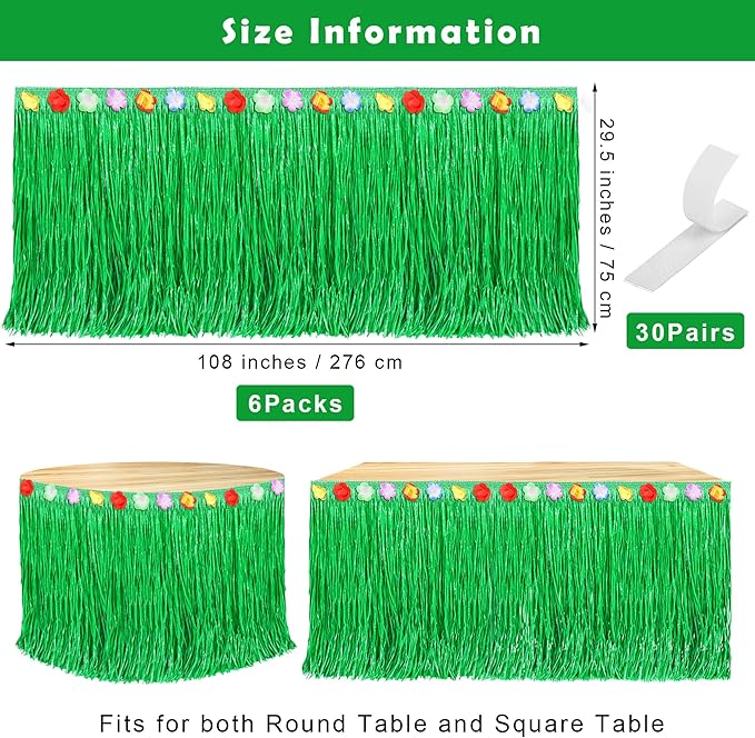 Fovths 6 Pack Luau Grass Table Skirt Natural 9 Feet x 29.5 Inch Hawaiian Table Skirt for Tropical Hawaiian Party Decorations Luau Party Costume Party, Green