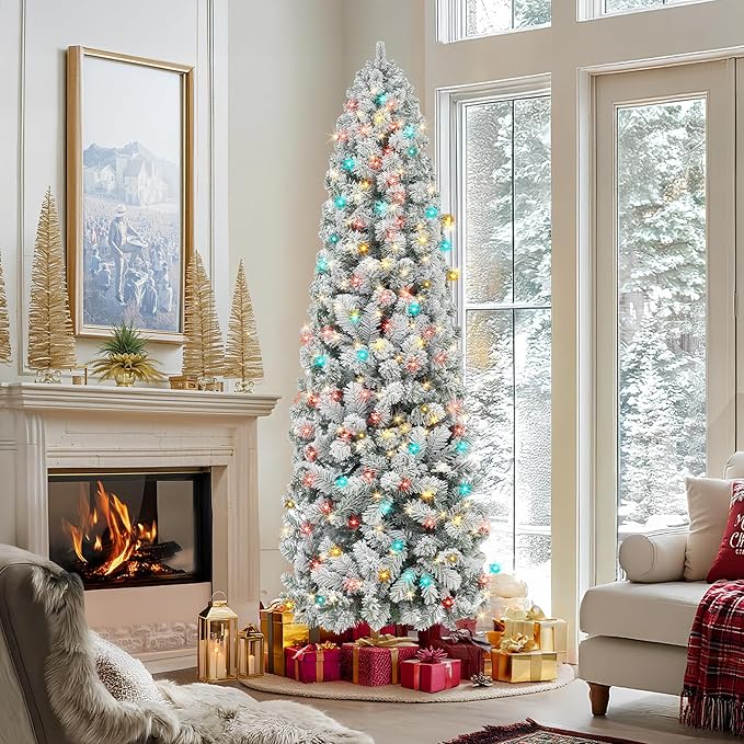 HOLLO STAR 7.5 ft Flocked Prelit Christmas Tree with 348 LED Lights, App Control, Skinny Artificial Pencil Christmas Tree, Multi-Color RGBW Lights, 960 Branch Tips, for Small Space, Home, Party