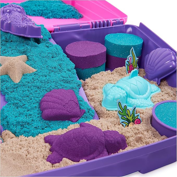 Kinetic Sand, Mermaid Palace Playset with 2.06lbs Play Sand (Neon Purple, Shimmer Teal & Beach), Tools & Folding Sandbox, Sensory Toys for Kids