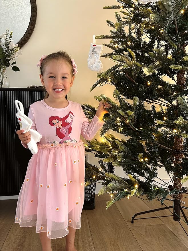 Disney Frozen Elsa Princess Cinderella Ariel Jasmine Rapunzel Baby/Toddler Dress, Ruffle Long-Sleeve Mesh Overlay Tulle Dress