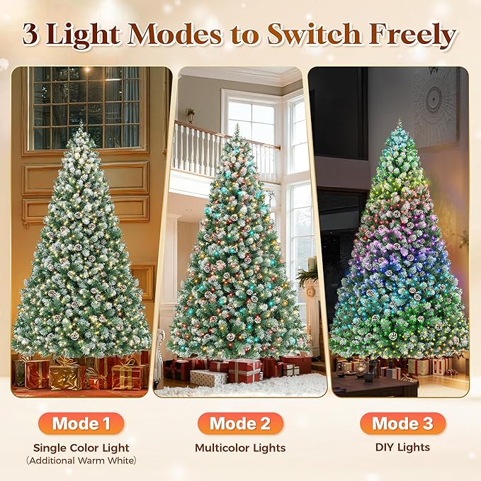 HOLLO STAR 12 ft Prelit Christmas Tree with 904 LED Lights, App Control, Artificial Christmas Tree, Multi-Color RGBW Lights, 3885 Flocked Frosted Tips, 152 Pine Cones, for Villa, Mall, Party