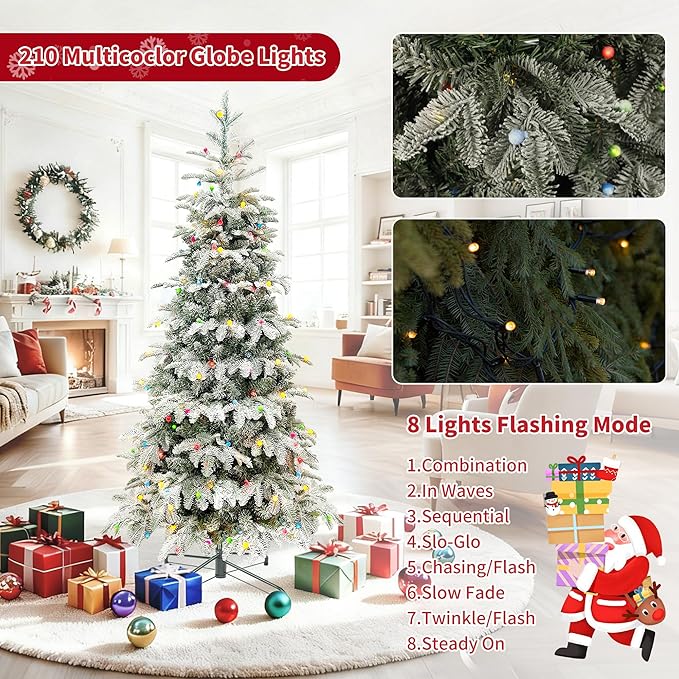 Prelit Christmas Tree 6ft, Artificial Snow Flocked Christmas Tree with 210 Lights, PE & PVC Mixed Layered Tree with Metal Stand, Xmas Tree for Holiday Home Decor