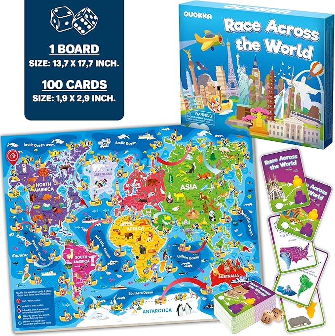 QUOKKA 3X Set Learning Board Games for Kids 6-8 - Educational Trivia Cards Ages 8-12 - Travel United States - World Map - Explore Outer Space - Gift for Children and Teens 4-8 - Floor Puzzles
