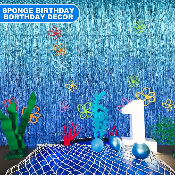 35 Pcs Sponge Party Decorations Include Blue Tinsel Foil Fringe Curtain Backdrop, 80 x 40 Inch Fish Net Decor, Flowers Bubble Wall Decals Photo Props for Pool Sea Birthday Party Supplies