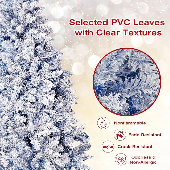 6ft Premium Hinged Artificial Holiday Christmas Tree for Home, Office, Party Decoration Snow Flocked Xmas Pine with 1,000 Branch Tips, Easy Assembly, Metal Hinges & Base (Blue)