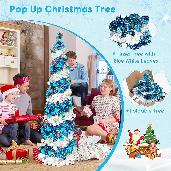 Pop Up Christmas Tree, 5FT Collapsible Artificial Blue Christmas Trees with 90 LED Lights, Tinsel Small Pencil Christmas Tree for Home Holiday Fireplace Party Indoor Outdoor Xmas Decorations
