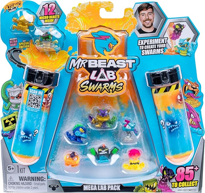 MrBeast Lab Swarms Series 2, Atomic Series 12 Pack - Night Fright Panther, Add Water, Shake The Test Tube and Reveal 2 of 12, 1-inch (2.5 cm) MrBeast Swarms Collectible Micro Beasts. 85+ to Collect!