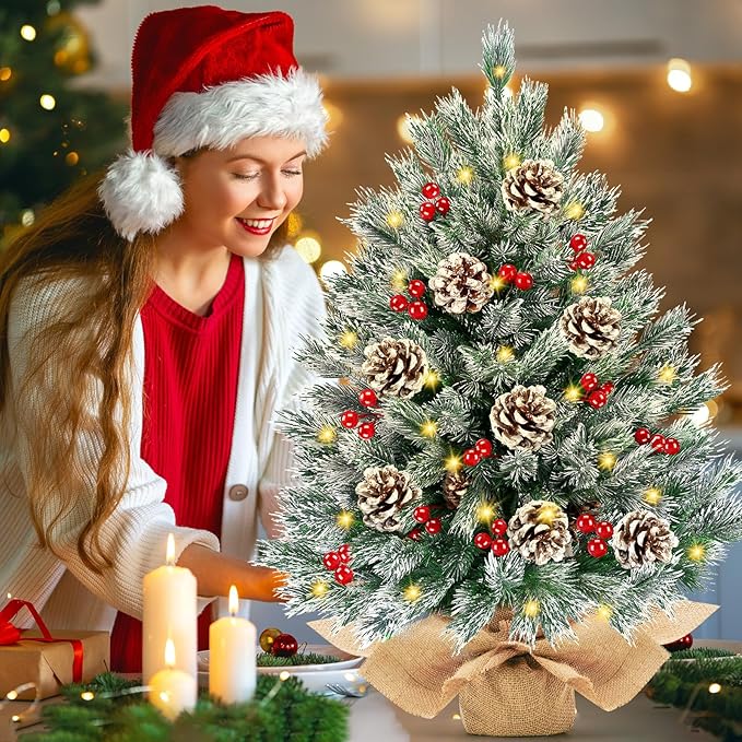 [ 8 Modes & Timer] 24 Inch Realistic Snowy Tabletop Christmas Tree Small Christmas Tree with 50 Warm Lights Battery Operated Red Berries Pine Cone Burlap Base Indoor Home Table Christmas Decorations