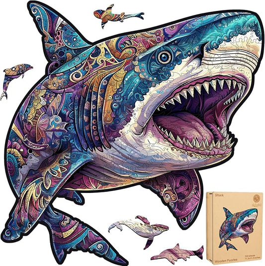 Wooden Puzzles for Adults, Shark Jigsaw Puzzles 500 Pieces, Unique Shape Puzzles with Wooden Box, 17.3 x 17.4 Inches Royal Size Family Game Gift, Fun Challenging Puzzles for Adults and Kids