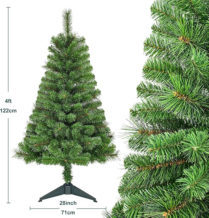 4FT Unlit Artificial Christmas Tree with Hard Needle and PVC Branches, Full Shape, Plastic Stand, Indoor Holiday Decoration