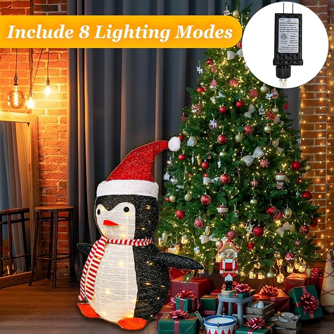 Penguin Christmas Decorations Outdoor, 28 Inch Collapsible Penguin Outside Christmas Decorations with 45 LED Lights, Light Up Xmas Yard Decorations, Lighted Porch Lawn Decor