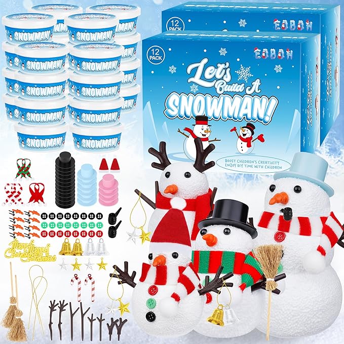 24 Pack Build a Snowman Kit, Snowman Kit Inspiring DIY Christmas Crafts for Kids, Creative Air Dry Clay Modeling Indoor Decorations, Kids Christmas Snowman Crafts Gift for School Winter Party Fun