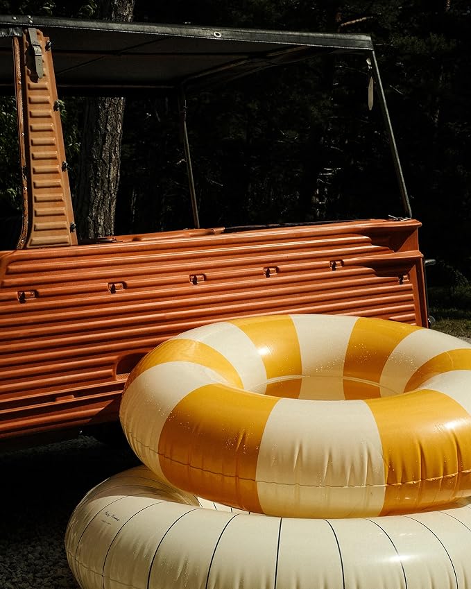 Petites-Pommes Inflatable Swimming Ring for Adults - Durable Inner Tube, Handprinted Classic Striped Design Pool Float, Soft Comfort Seaming, Packable Floats for Travel, Dark Yellow, 47 inch