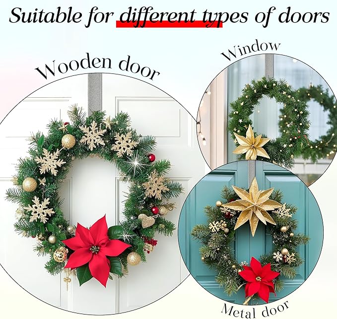 MCFULL 14 in Wreath Hangers for Front Door,Sturdy Metal Wreath Doors Hangers,Over The Door Hooks for Front Porch Decor,Silver Garland Hooks Holders for Halloween Christmas Decorations