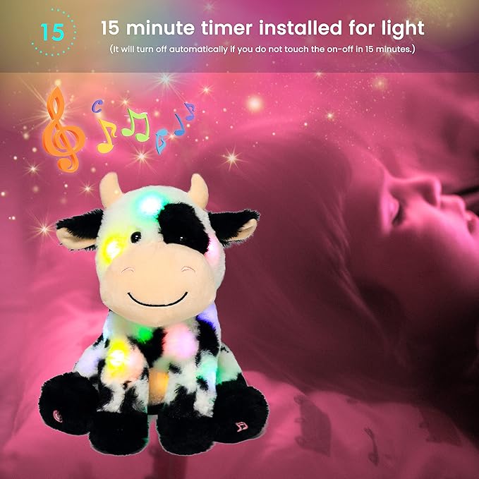 Hopearl LED Musical Stuffed Smile Cow Lighting Up Singing Plush Toy Adjustable Volume Lullaby Animated Soothe Birthday Festival for Kids Toddler Girls, 11'