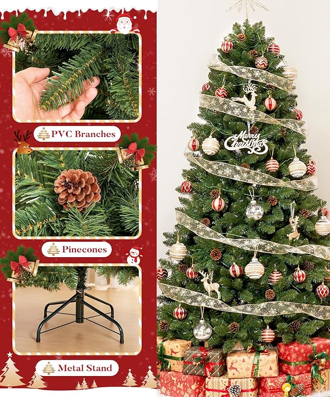7FT Unlit Realistic Artificial Christmas Tree with Pinecones - Full PVC Xmas Tree for Indoor Holiday Decoration, Easy Assembly