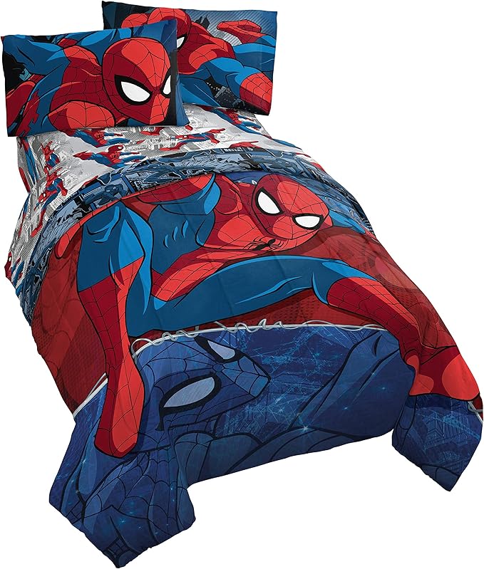 Jay Franco Marvel Spiderman Burst 5 Piece Full Bed Set - Includes Reversible Comforter & Sheet Set - Bedding - Super Soft Fade Resistant Microfiber (Official Marvel Product)