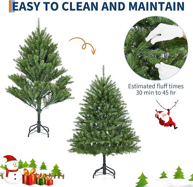 4.5FT Christmas Tree, Artificial Christmas Trees with 200 Lights, Prelit Christmas Tree with 8 Modes Lights, Foldable Stand, On/Off Foot Pedal, Holiday Decoration