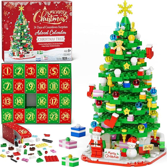 Advent Calendar 2025 for Kids Teens Adults, Christmas Tree Building Blocks Xmas Countdown Advent Gift Box with Snowmen Stars Santa Bricks Toys Christmas Holiday Gifts for Boys Girls Women Men Age 6+