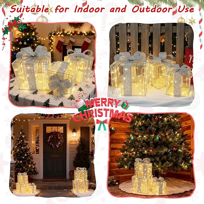 Set of 3 Christmas Lighted Gift Boxes - Pre Lit Presents Christmas Boxes Outdoor Lighted with Different Sizes for Holiday Indoor Outdoor Decoration (Silver, Small)