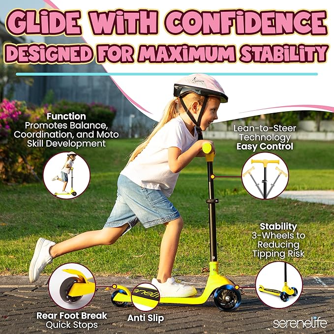 SereneLife 3 Wheel Foldable Kids Scooter - Foldable Seat, LED Wheel Lights, Adjustable Handlebar, Rear Foot Brake, Lean-to-Steer, Anti-Slip Deck, Ideal for Toddlers Kids 3+, up to 110Lbs
