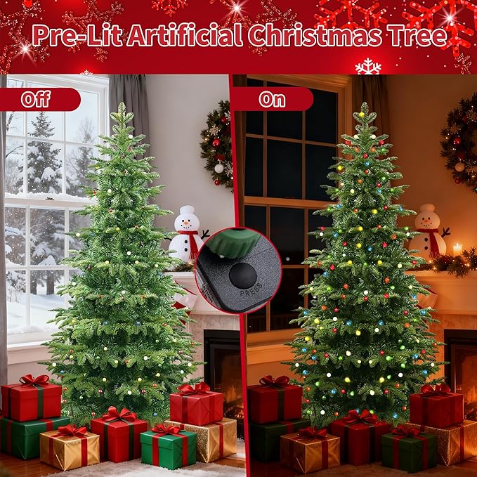 6ft Prelit Christmas Tree, Aspen Fir Artificial Christmas Tree with 210 Multicolor ETL Lights and Metal Stand, 8 Mode，PE & PVC Mixed Layered Xmas Tree for Holiday Home Decororation