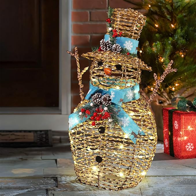 LuxenHome 2FT Lighted Snowman Outdoor Christmas Decorations, Battery Operated Gold Ribbon Snowman Christmas Decor with 41 LED Light, Blue Scarf & Hat, Xmas Decorations Outdoor Holiday Display