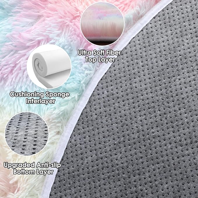 ONASAR Rainbow Round Area Rug 4ft, Soft Bedroom Circle Rugs Mats for Kids Girls Teen Room, Kawaii Fluffy Plush Shaggy Carpet for Baby Nursery Living Room Playroom Home Decor Princess Castle