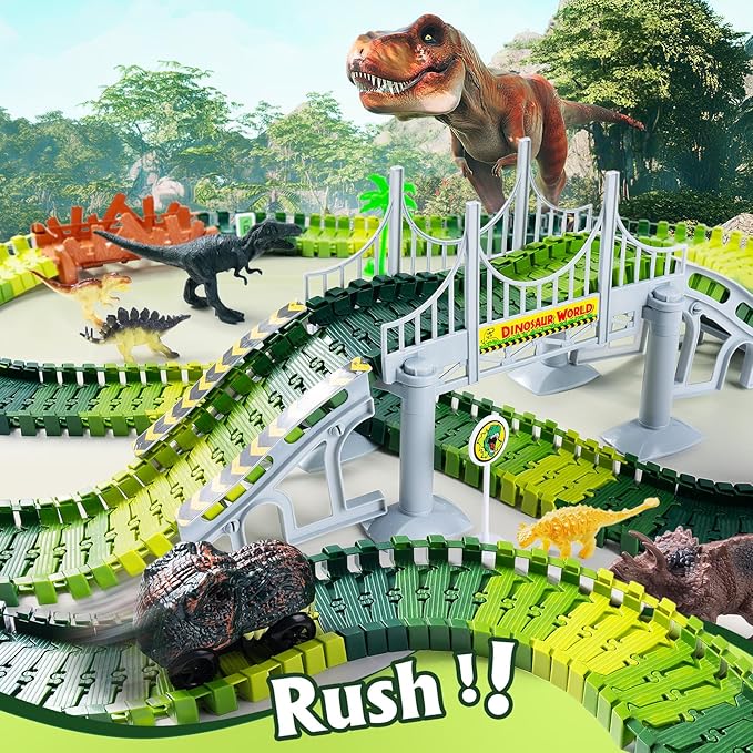 218 PCS Race Tracks Dinosaur Toys for Kids 3-5, Glow in The Dark Magic Toy Set, 2 Dinosaur Cars Track, Flexible DIY Track Set, Birthday Gift for Age 3-9 Boys Toddler Girls