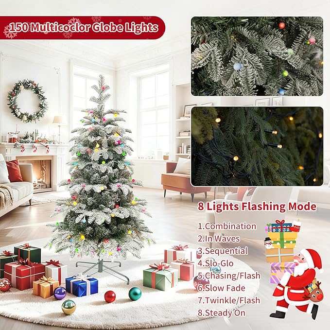 4Ft Pre-Lit Artificial Snow Flocked Christmas Tree, PE & PVC Mixed Layered Christmas Tree Hinged Tree with Lights and Metal Stand, Slim Xmas Tree for Holiday Decor
