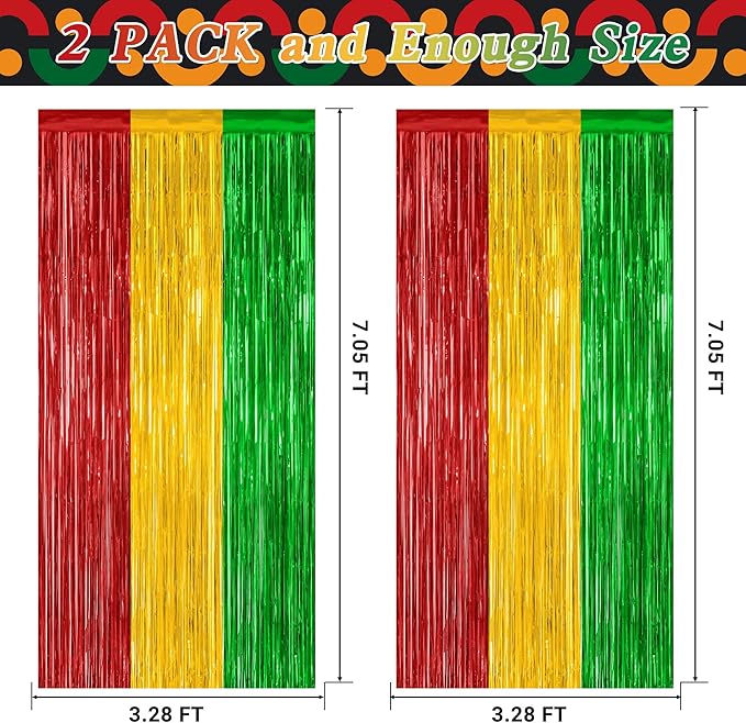 2 Pack Black History Month Decorations, 3.28 FT x 7.05 FT Backdrop Curtains, Red Yellow Green Color Tinsel Backdrop Fringe Curtains Party Streamer, Black History Month Door Decor