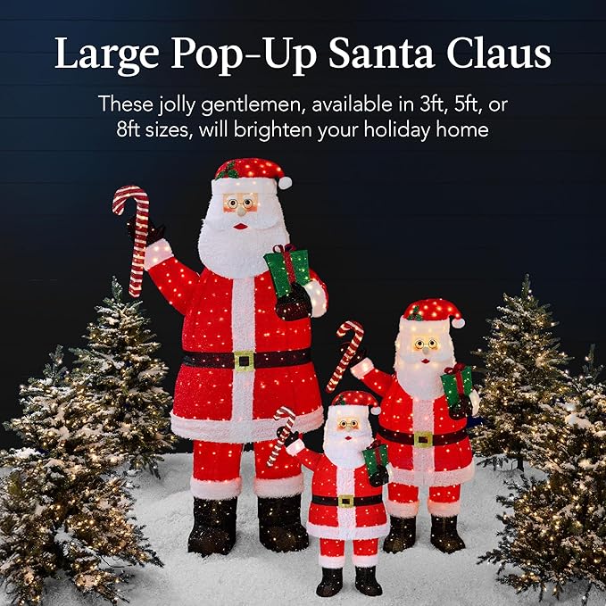 Best Choice Products 3ft Lighted Pop-Up Santa, Outdoor Christmas Holiday Decoration w/ 120 LED Lights, Twinkling Candy Cane, Gift Box, Hat