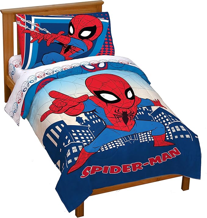 Jay Franco Marvel Super Hero Adventures Go Spidey 4 Piece Toddler Bed Set – Super Soft Microfiber Bed Set Includes Toddler Size Comforter & Sheet Set - Bedding Features Spiderman