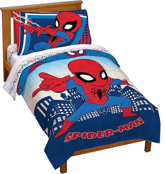 Jay Franco Marvel Super Hero Adventures Go Spidey 4 Piece Toddler Bed Set – Super Soft Microfiber Bed Set Includes Toddler Size Comforter & Sheet Set - Bedding Features Spiderman