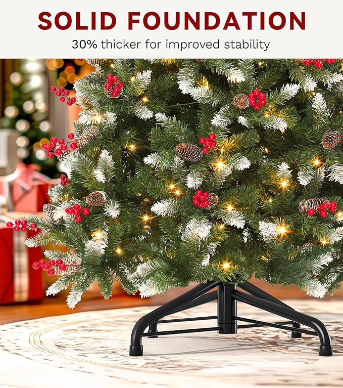 DWVO 9FT Pre-lit Christmas Tree, Pre-Decorated Artificial Christmas Trees for Home, Office, Party with with 2058 Flocked Frosted Tips & 900 UL Listed Lights, Pine Cones, Berries