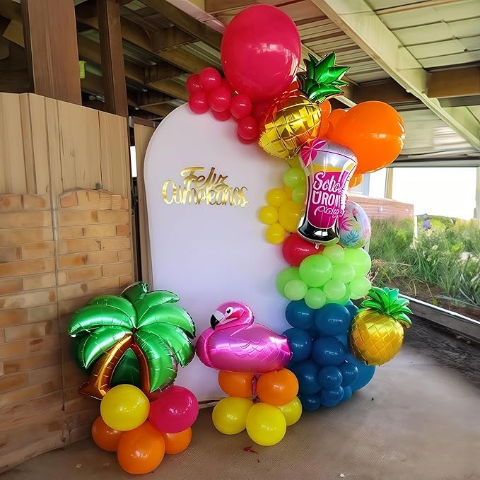 141 Pcs Summer Tropical Balloon Arch Garland Kit, Hot Pink Lime Green Orange Slate Blue Yellow Latex Rainbow Balloon Garland Kit for Hawaiian Luau Aloha Birthday Baby Shower Pool Party Decorations