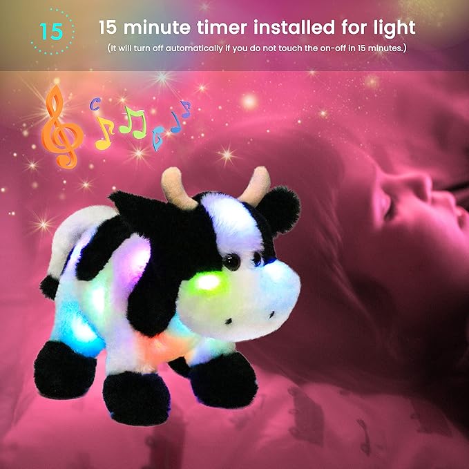 Hopearl LED Musical Stuffed Cow Lighting Up Singing Plush Toy Adjustable Volume Lullaby Animated Soothe Birthday Festival for Kids Toddler Girls, 12''