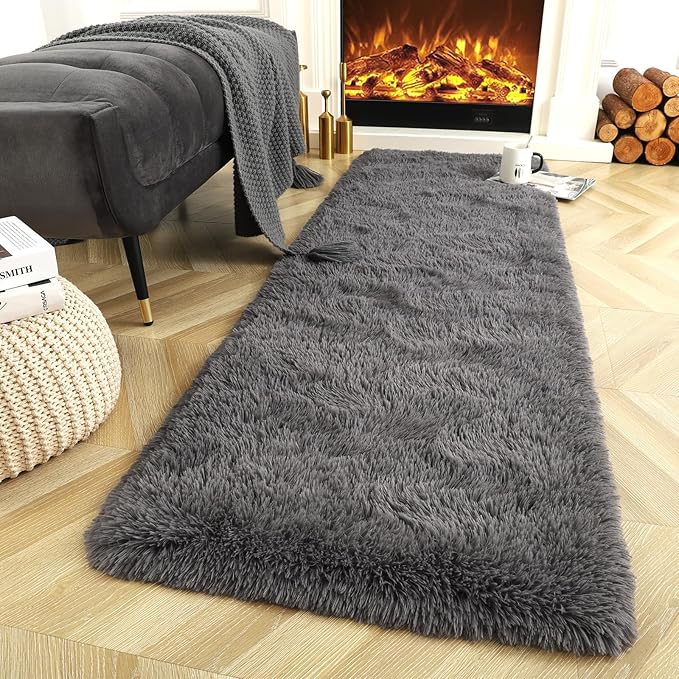 Ompaa Fluffy Runner Rugs, Super Soft Shaggy Carpet Fuzzy Long Fur Rug for Bedroom Living Room Dorm, Plush Kids Playroom Baby Girls Nursery Decor Mats, 2x6 Feet Dark Gray