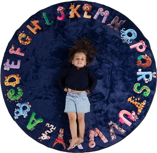 ABC Kids XL 6 ft Alphabet Rug - Nursery & Classroom - Circle Blue