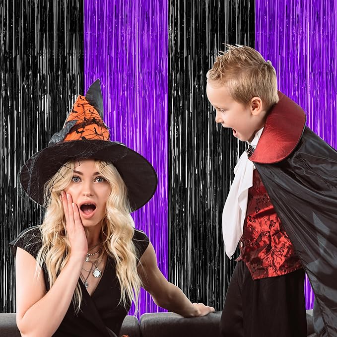 2 Pack Halloween Decor, 3.28 FT x 7.05 FT Purple and Black Foil Streamer, Metallic Fringe Curtains Tinsel Backdrop Party Streamer, Indoor Halloween Decorations Party Supplies Photo Booth Props