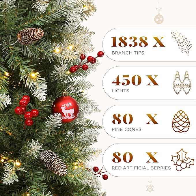 YITAHOME 6FT Prelit Frosted Green Artificial Christmas Tree with Remote, Pre-Decorated Christmas Tree w/ 1838 Tips, 80 Pine Cones & 80 Berries, 450 Warmwhite & Multi-Color Lights, 11 Modes, Green Bell