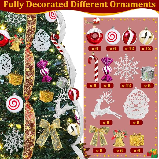 6 FT Prelit Pop Up Christmas Tree with 200 Warm White & Multicolor Lights 8 Modes & Timer Fully Decorated 103 Ornaments, Collapsible Pull Up Christmas Tree with Lights for Indoor Home Party Decor