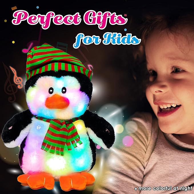 Cuteoy Penguin LED Musical Stuffed Animal Light-up Singing Plush Adjustable Volume Lullaby Plushies Birthday Christmas Toy Gifts for Kids Toddler Girls, 11"