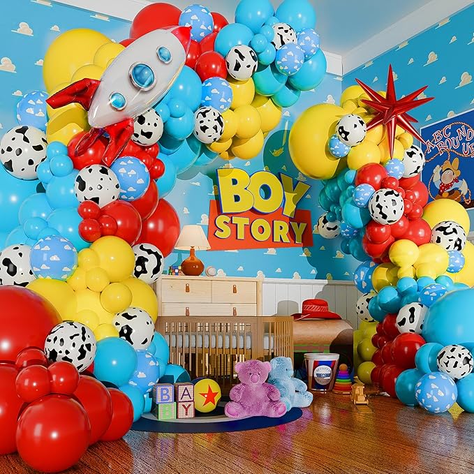 ALL-IN-1 Toy Story Balloons Arch Kit for It's A Boy Story Baby Shower Decorations Theme – Toy Story Balloon Garland Kit with Cloud & Cow Toy Story Balloons for First Toy Story Birthday Party Supplies