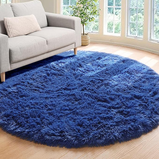 ONASAR Navy Blue Round Area Rugs 5ft, Soft Bedroom Circle Rug Floor Mat for Kids Girls Boys Teen Room, Fluffy Plush Shaggy Carpet for Baby Nursery Living Room Playroom Dorm Home Decor