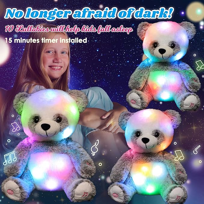 Cuteoy LED Musical Panda Light-up Stuffed Animal Singing Glowing Plush Adjustable Volume Lullaby Toy Gifts for Kids Toddler Girls Birthday Christmas Plushies, 13"