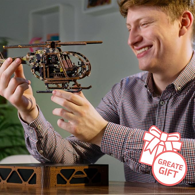 WOODEN.CITY Helicopter LE 3D Puzzles for Adults – Limited Edition Helicopter Kit with Rotating Propeller & 154 Laser-Cut Pieces – Build & Display Rotary Aircraft for Adults & Teens – Wooden Model Gift