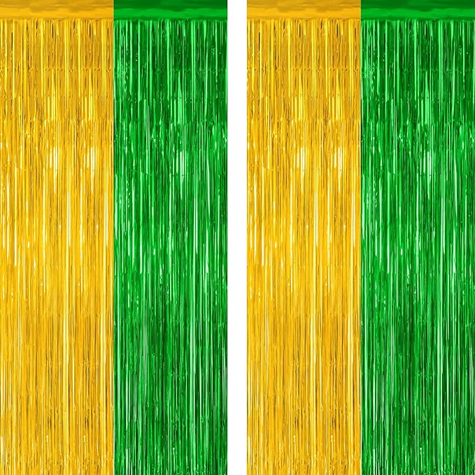 2 Pack Graduation Backdrop, Large Grad Decor 2025, Green Gold Graduation Photo Backdrop Fringe Curtains Party Streamer, Metallic Green and Gold Grad Decorations Class of 2025