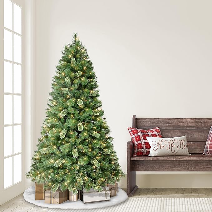 Puleo International 6.5ft Pre-Lit Teton Pine Christmas Tree with 400 Clear Lights, 1023 Realistic Dense Branch Tips, Easy Setup Artificial Trees with Sturdy Metal Stand