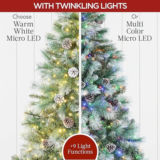 Best Choice Products Full Scotch Pine Christmas Tree, 12ft Pre-Lit Frosted Holiday Decor w/ 3,000 Twinkling Micro LED Lights, 2-in-1 White & Multicolor
